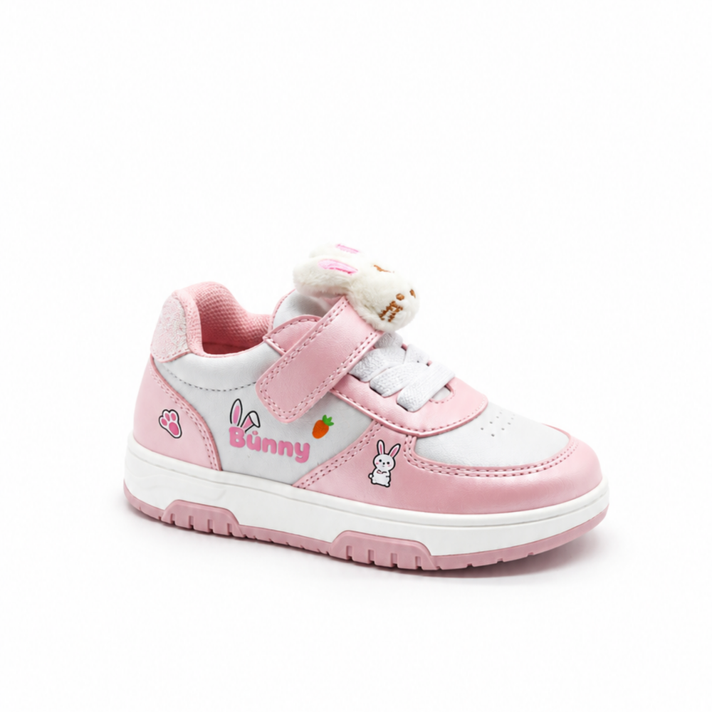 Tenis para Niña Bambino BM7219 Rosa con Conejito Afelpado Velcro y Elástico Brillos