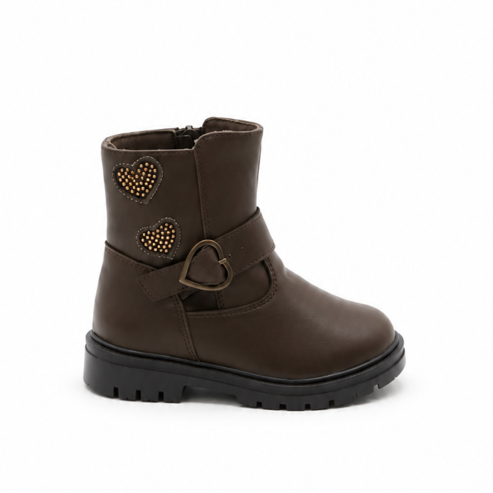 Botín Infantil Bambino BM8007 Moka con Corazones y Hebilla