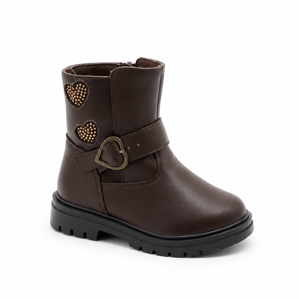 Botín Infantil Bambino BM8007 Moka con Corazones y Hebilla